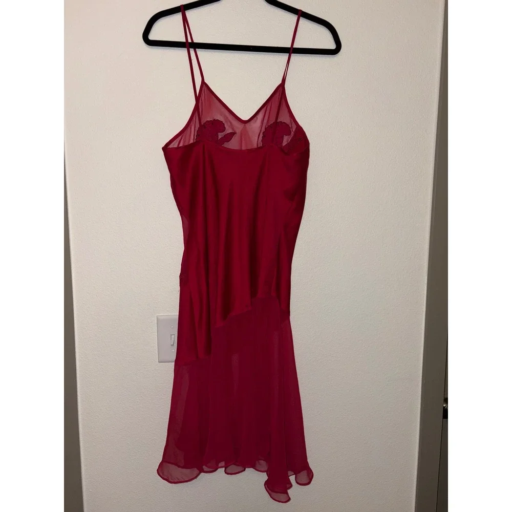 VTG Victoria's Secret Red Satin Mesh Floral Slip Dress Romantic Lace ethereal a5
